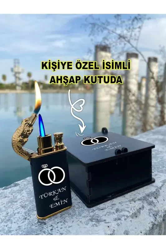Персонализированная зажигалка-крокодил с именем и специальным дизайном ко Дню святого Валентина и специальная деревянная коробка-YÜZÜKÇİFT - 1