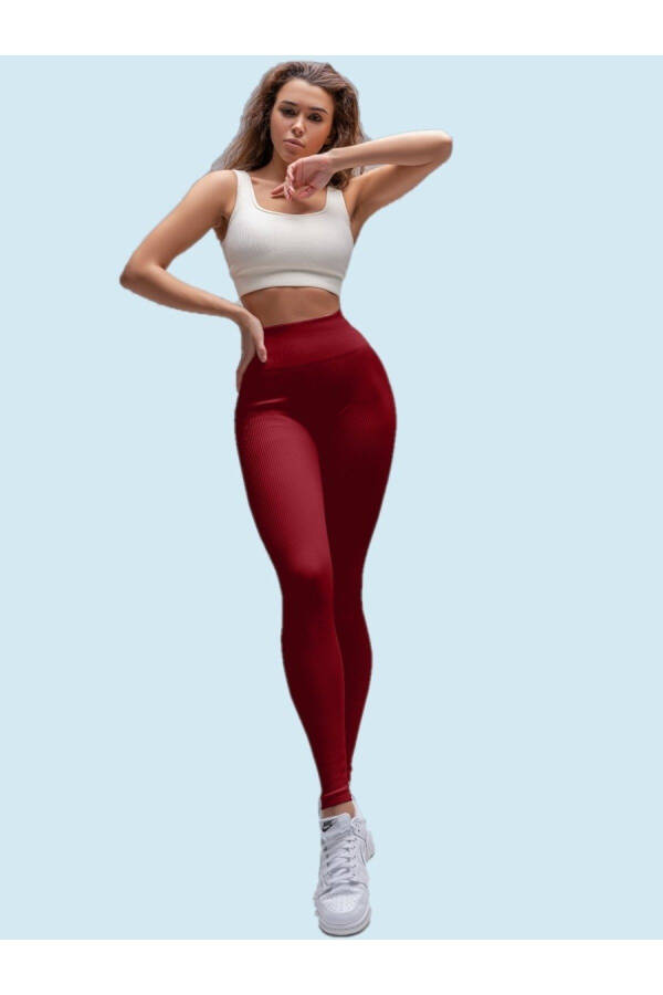 Pescia Knit Fabric Shaping High Waist Ribbed Leggings Burgundy - 2