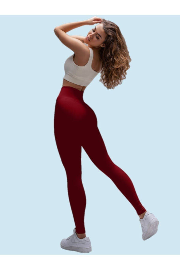 Pescia Knit Fabric Shaping High Waist Ribbed Leggings Burgundy - 3