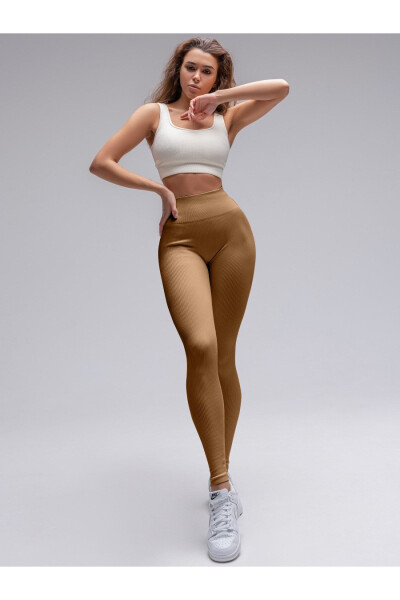 Pescia Knit Fabric Shaping High Waist Ribbed Leggings Caramel Color - 3