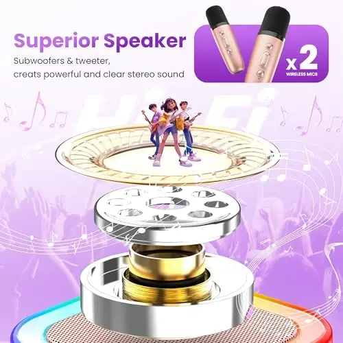 Peski Karaoke Machine for Kids Adults, Portable Bluetooth Mini Karaoke Microphone Singing Speaker Karaoke Player with 2 Wireless Mic, Birthday Gifts for Girls Boys Family Home Party(Rose Gold) - 3