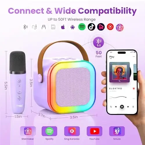 Peski Karaoke Player, Machine for Kids Adults, Portable Bluetooth Mini Karaoke Microphone Singing Speaker with 2 Wireless Mic, for All Smartphones,Birthday, Family,Home Party(Purple) - 5