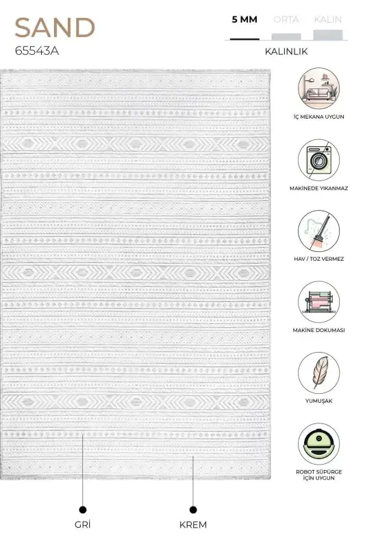 Песок Гри Крем Легко Очищаемый Ковер Килим Гостиная Спальня Коридор Машинный Ковер 65543a-Гри Крем - 2