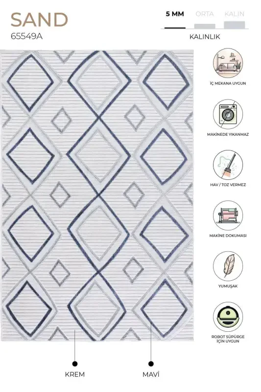 Песок Крем Синий Складной Легко Очищаемый Ковер 65549a-Крем Синий - 5