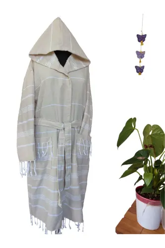 Pestemal Bathrobe, Beige, Nuray Pattern, 100% Cotton-Beige 