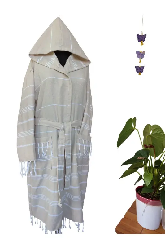 Pestemal Bathrobe, Beige, Nuray Pattern, 100% Cotton-Beige - PEŞTANOZ