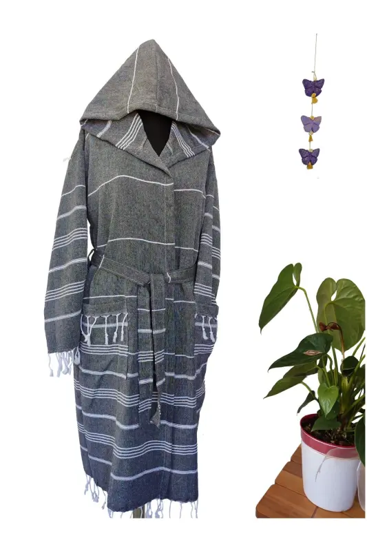 Pestemal Bathrobe Black Nuray Pattern 100% Cotton-Black - 1