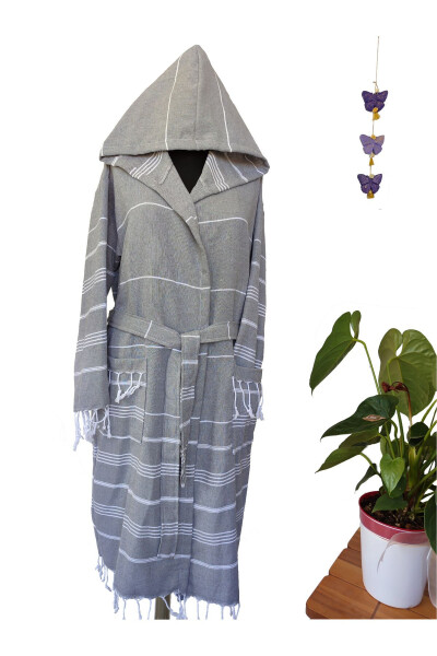 Pestemal Bathrobe, Gray, Nuray Pattern, 100% Cotton - 1