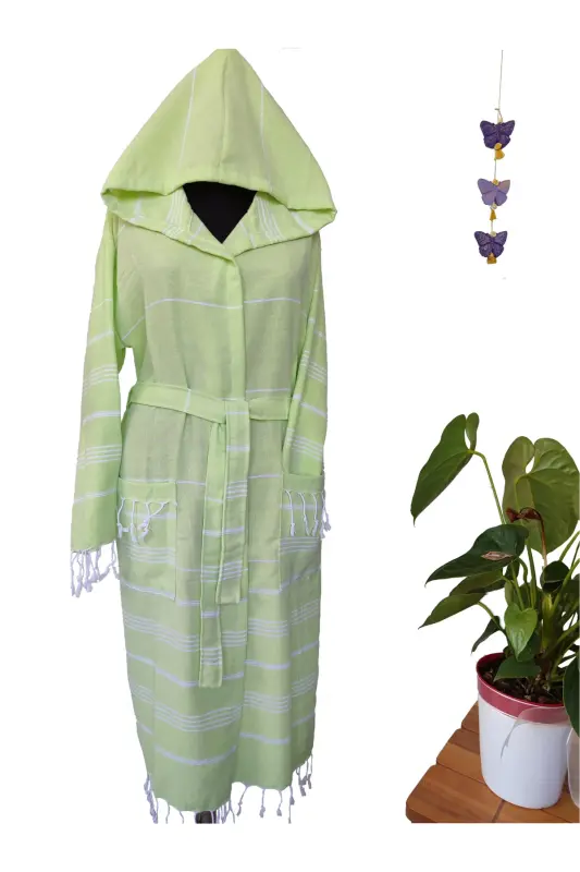 Pestemal Bathrobe, Pistachio Green, Nuray Pattern, 100% Cotton-Pistachio Green - 4