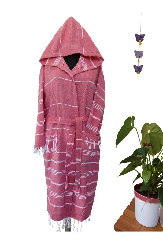 Pestemal Bathrobe, Red, Nuray Pattern, %100 Cotton-Red - 1