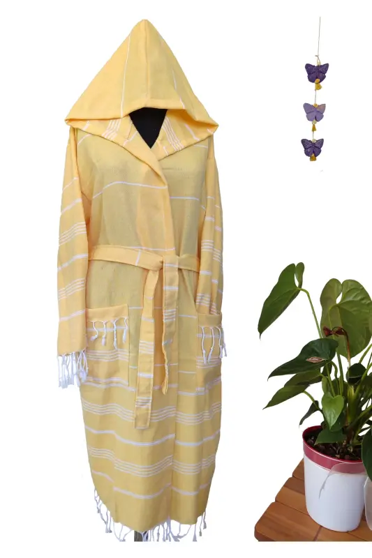 Pestemal Bathrobe, Yellow, Nuray Pattern, 100% Cotton-Yellow - PEŞTANOZ