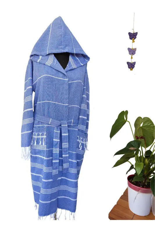 Pestemal Robe, Blue, Nuray Pattern, 100% Cotton-Blue - PEŞTANOZ
