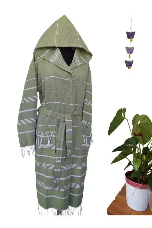Pestemal Robe, Olive Green, Nuray Pattern, %100 Cotton-Olive Green - 2