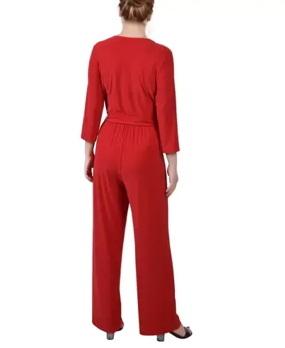 Petite 3/4 Sleeve Belted Wide Leg Jumpsuit-Barbados Red - NY COLLECTION (1)