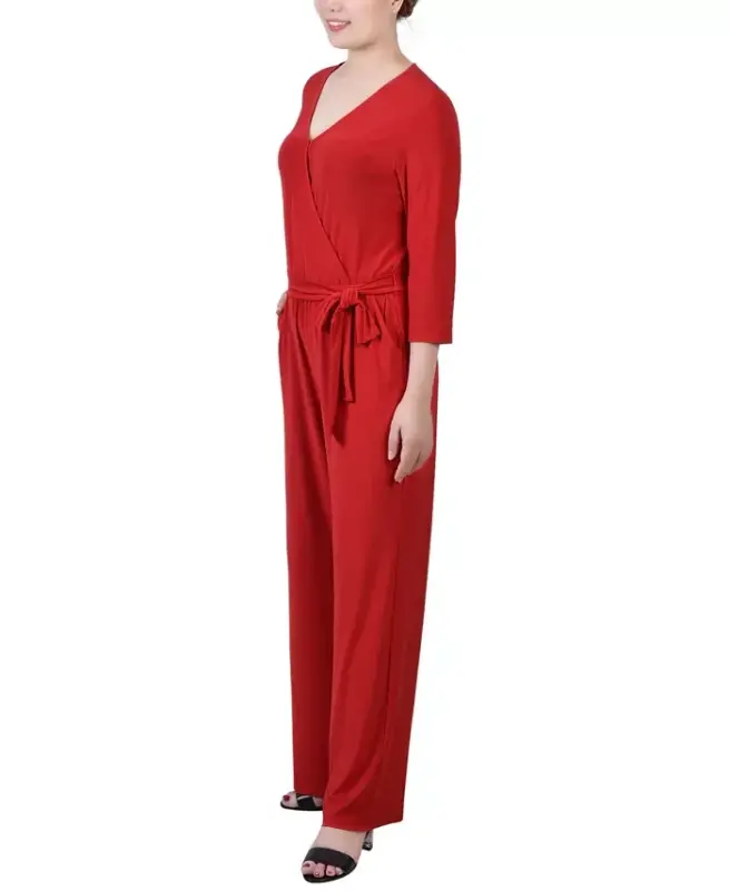 Petite 3/4 Sleeve Belted Wide Leg Jumpsuit-Barbados Red - 3