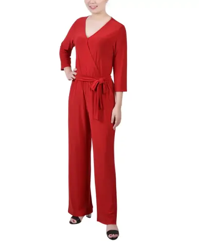 Petite 3/4 Sleeve Belted Wide Leg Jumpsuit-Barbados Red - 2
