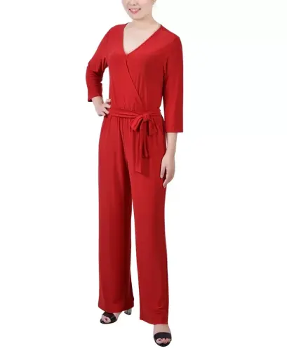 Petite 3/4 Sleeve Belted Wide Leg Jumpsuit - Barbados Red 