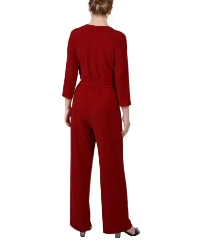 Petite 3/4 Sleeve Belted Wide Leg Jumpsuit-Wine - NY COLLECTION (1)