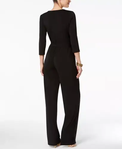 Petite 3/4 Sleeve Belted Wide Leg Jumpsuit - Black - NY COLLECTION (1)