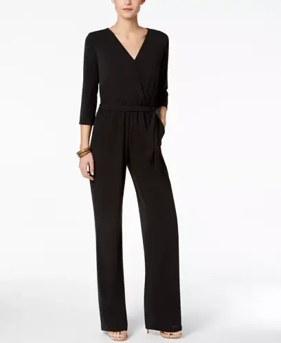 Petite 3/4 Sleeve Belted Wide Leg Jumpsuit - Black - 1