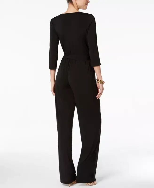 Petite 3/4 Sleeve Belted Wide Leg Jumpsuit - Black - 2