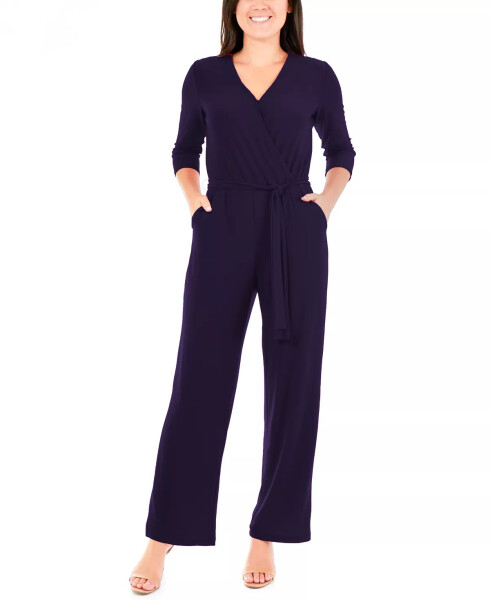 Petite 3/4 Sleeve Belted Wide Leg Jumpsuit Navy - 4