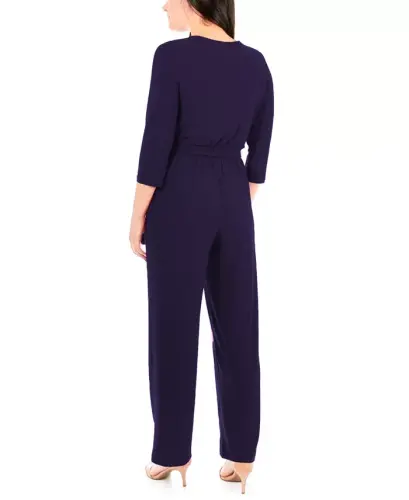 Petite 3/4 Sleeve Belted Wide Leg Jumpsuit-Navy - 2