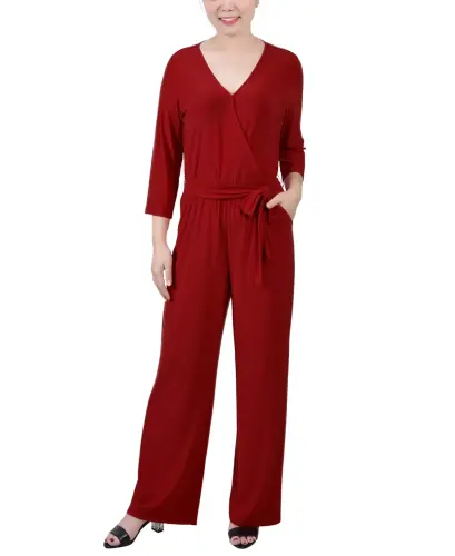 Petite 3/4 Sleeve Belted Wide Leg Jumpsuit-Wine 