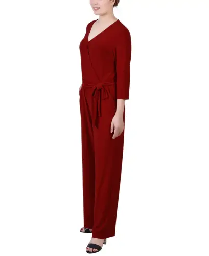 Petite 3/4 Sleeve Belted Wide Leg Jumpsuit-Wine - 3
