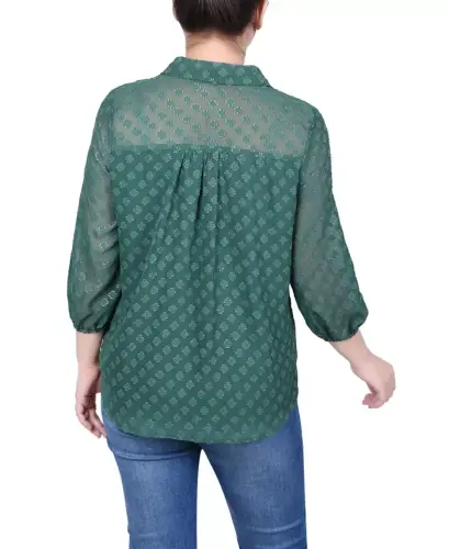 Petite 3/4 Sleeve Foiled Jacquard Chiffon Blouse-Hunter Gold - 2
