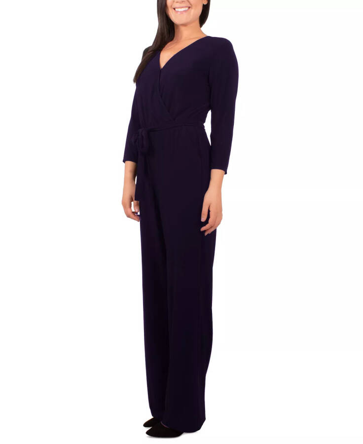 Petite 3/4 Yelkali Kamarli Keng Oyoqli Jumsuit Navy - 6