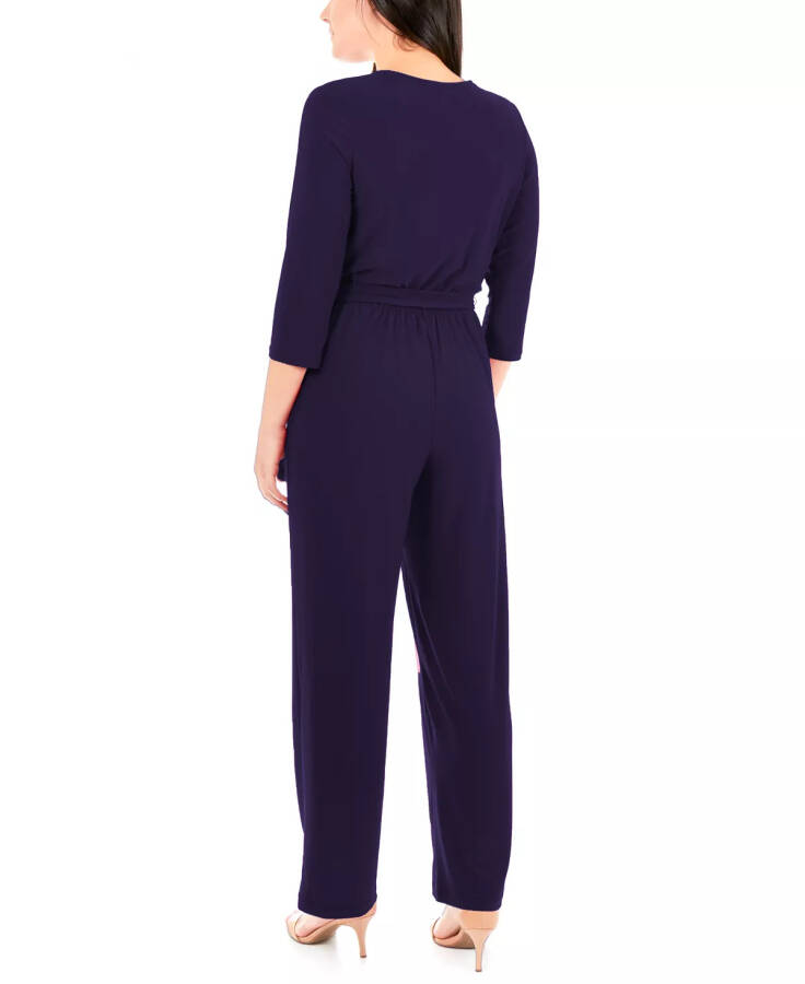 Petite 3/4 Yelkali Kamarli Keng Oyoqli Jumsuit Navy - 2