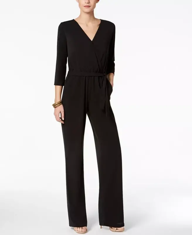 Petite 3/4 yengli, belbog'li, keng oyoqli kombinezon - Qora - NY COLLECTION