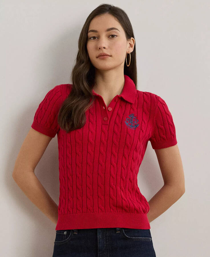 Petite Anchor-Logo Cable-Knit Polo Sweater Red - 1