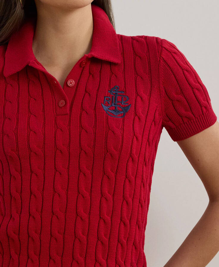 Petite Anchor-Logo Cable-Knit Polo Sweater Red - 3