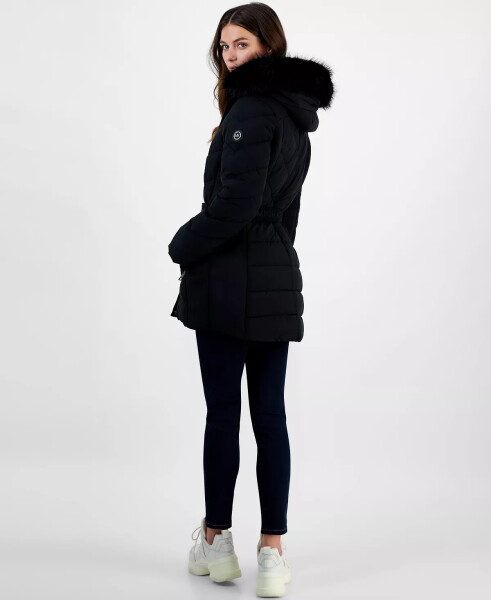 Petite Belted Faux-Fur-Trim Hooded Puffer Coat Black - 2