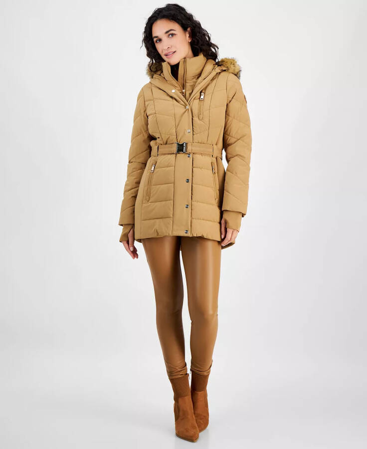 Petite Belted Faux-Fur-Trim Hooded Puffer Coat Dark Camel - 1