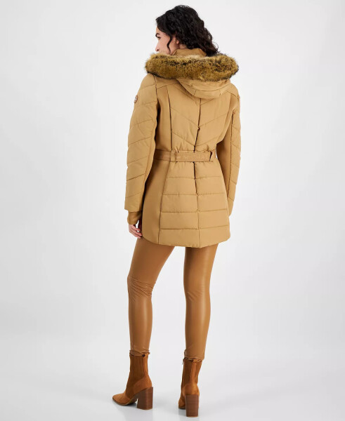 Petite Belted Faux-Fur-Trim Hooded Puffer Coat Dark Camel - 2