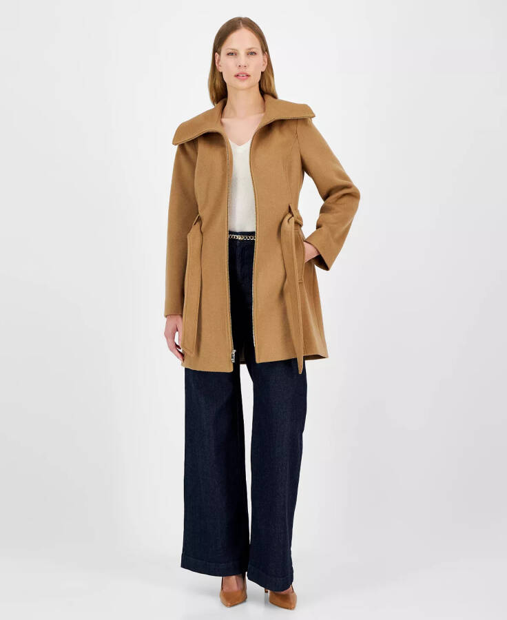 Petite Belted Zip-Front Coat, Created for Modazone Dark Camel - 1