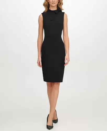 Petite Bow-Neck Sheath Dress-Black - 1