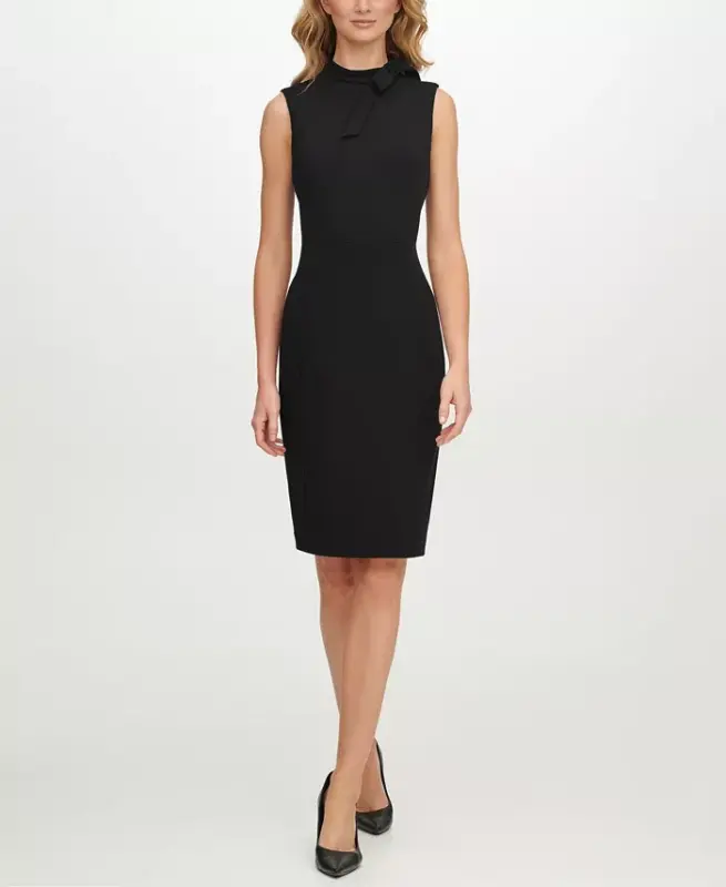 Petite Bow-Neck Sheath Dress-Black - 1