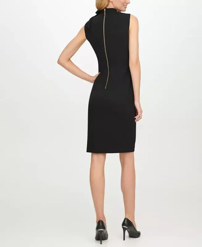 Petite Bow-Neck Sheath Dress-Black - 2