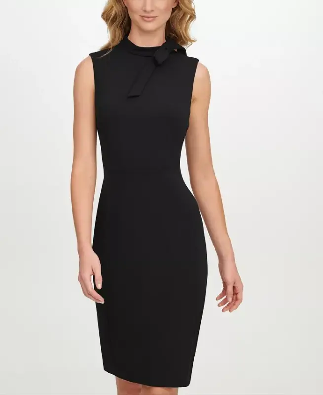 Petite Bow-Neck Sheath Dress-Black - 4