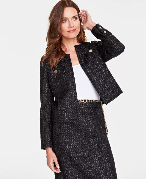 Petite Collarless Metallic Tweed Jacket, Created for Modazone Deep Black - 1