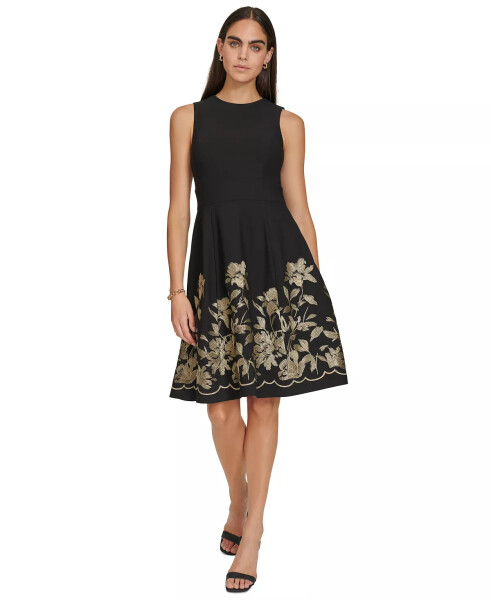 Petite Embroidered-Skirt Fit & Flare Dress Black Gold - 1