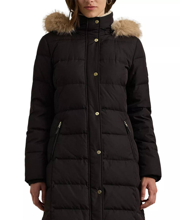 Petite Faux-Fur-Trim Hooded Puffer Coat Black - 1