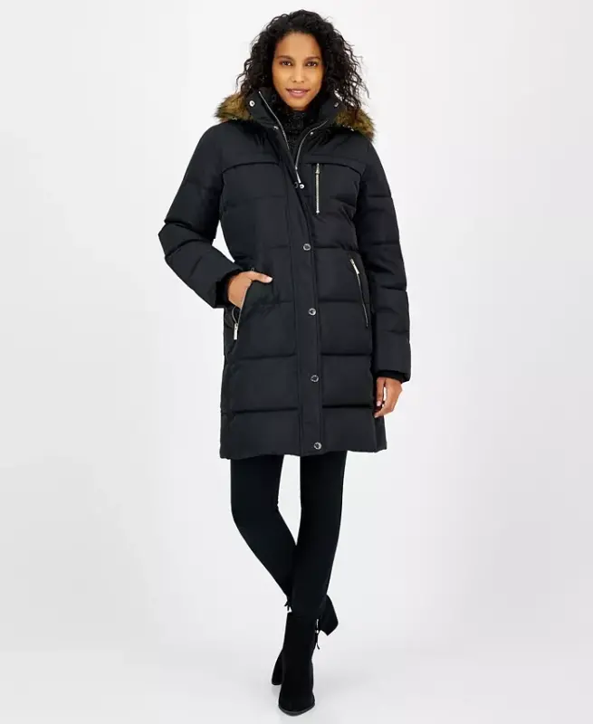 Petite Faux-Fur-Trim Hooded Puffer Coat, Created for Modazone-Black - 2