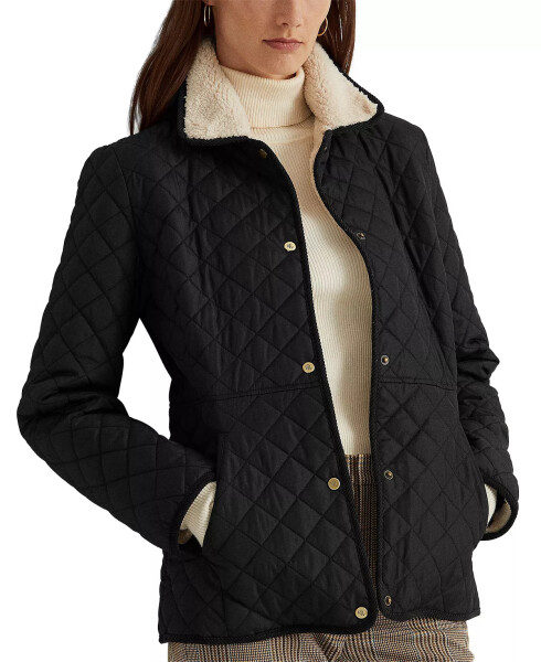 Petite Faux-Sherpa-Collar Quilted Coat Black - 1