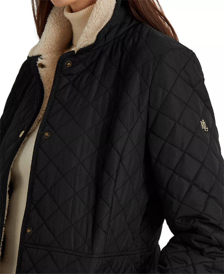 Petite Faux-Sherpa-Collar Quilted Coat Black - 3