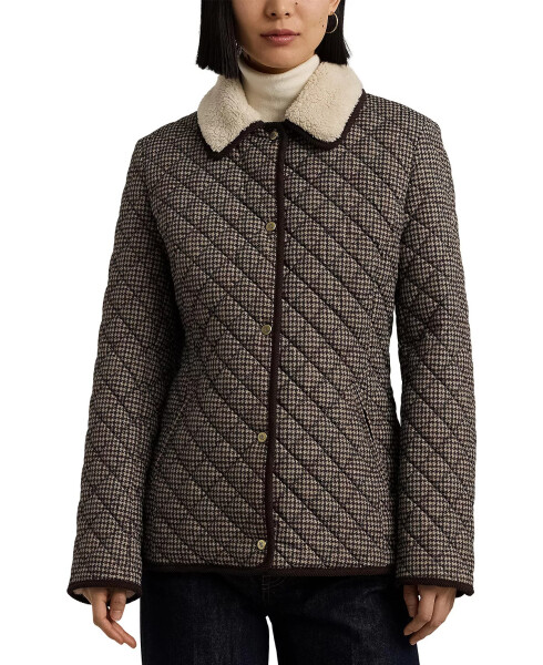 Petite Faux-Sherpa-Collar Quilted Coat Merlot Houndstooth - 1